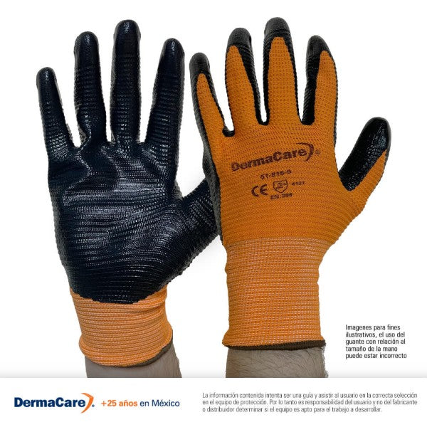 GUANTE NYLON NARANJA Y NITRILO SOLIDO ACANALADO EN PALMA DERMACARE