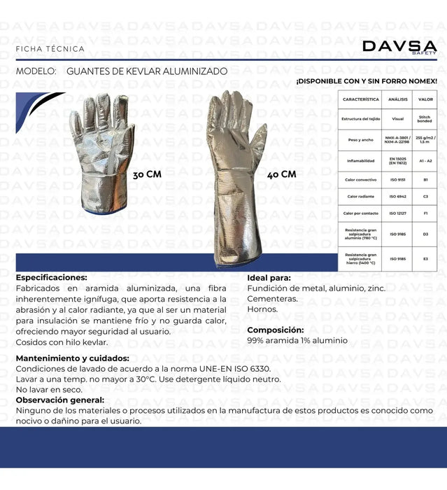 Guante Kevlar Aluminizado Con Forro Nomex 1 Par 30-40cm