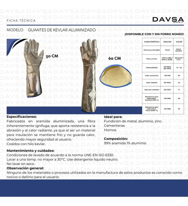 Guante Kevlar Aluminizado Con Forro Nomex 1 Par 50-60cm